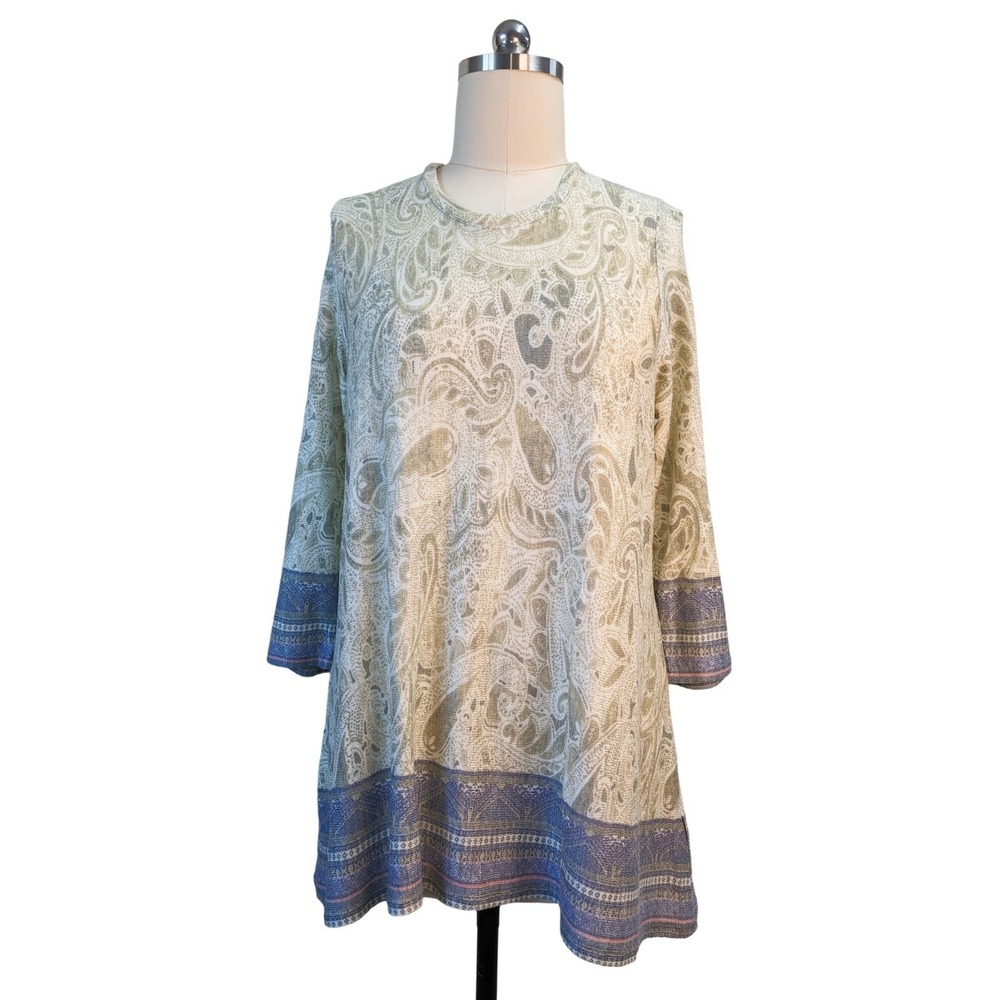Tunic Top 1X green paisley print 3/4 sleeve blue seams super soft drapes well - Picture 3 of 5